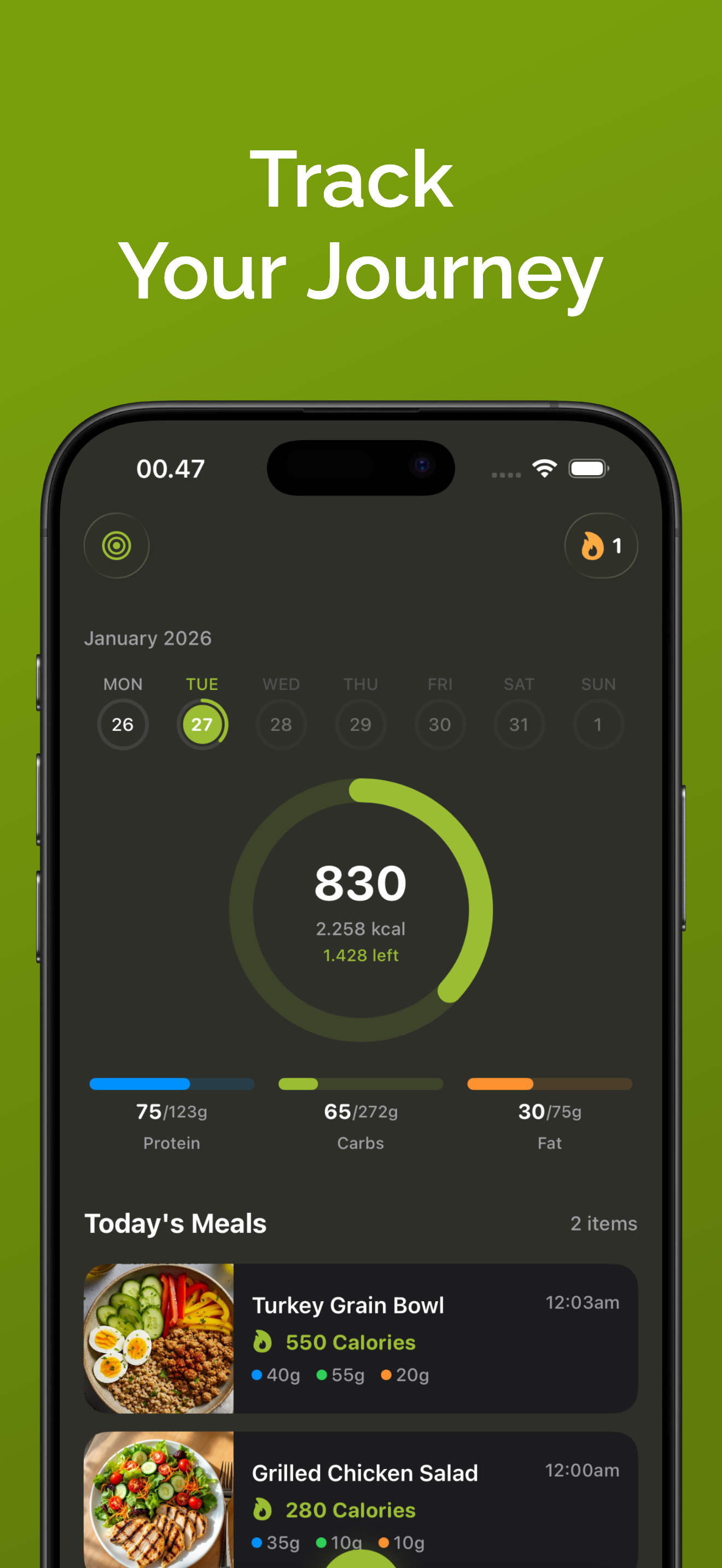 Cal AI: Calorie Scanner dashboard showing daily calorie tracking with calorie ring and meal list